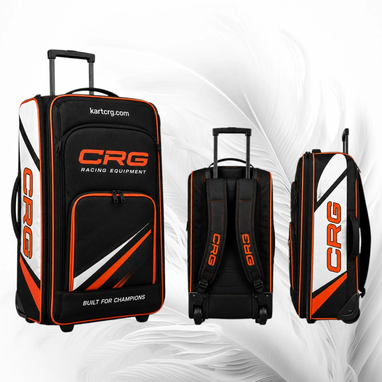 Three views of a CRG Racing Equipment rolling travel bag in black with orange and white graphics, shown on a white feather-patterned background.