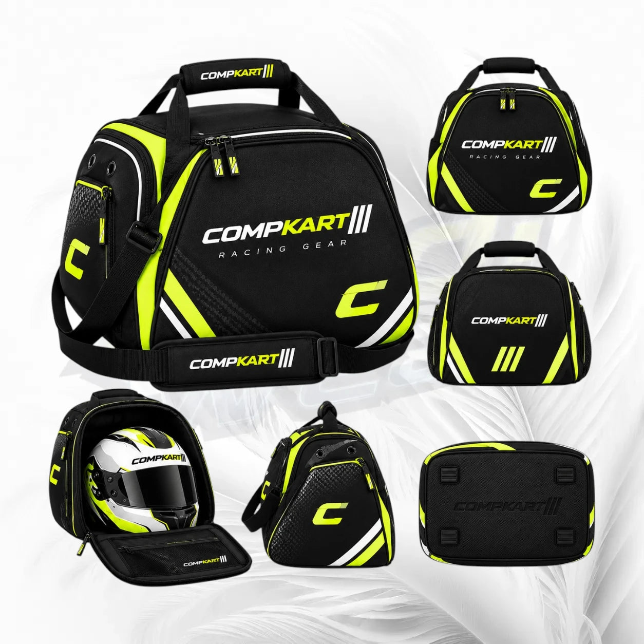 A CompKart Racing Gear duffel bag shown in multiple views on a light gray background. The bag is primarily black with bright neon yellow-green accents, white CompKart branding, and a large stylized 'C' logo.