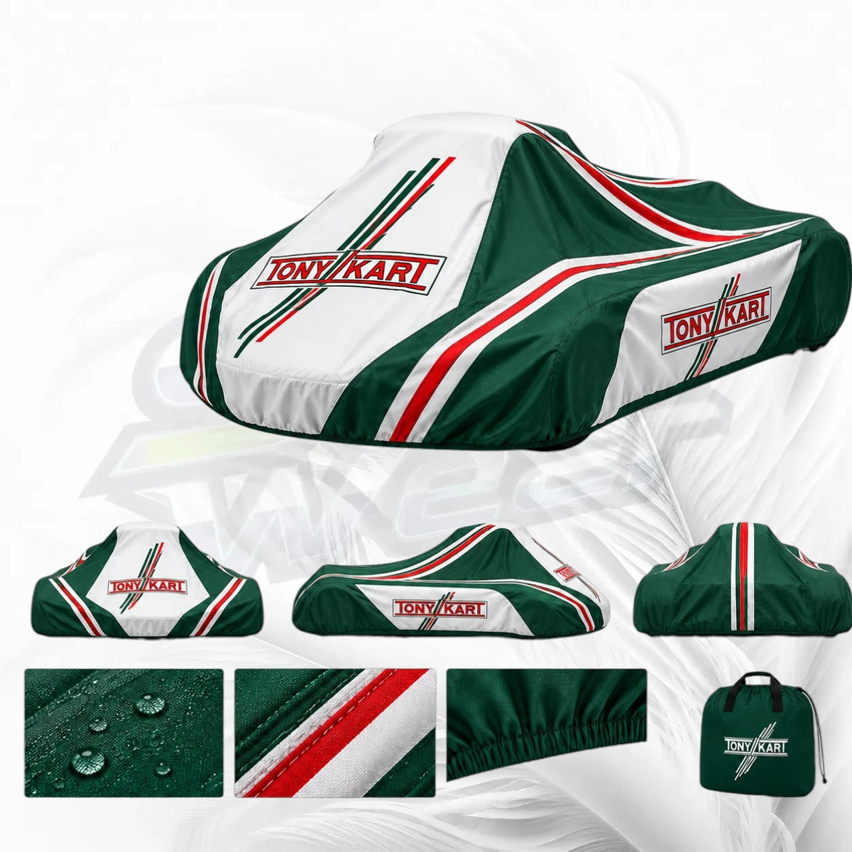 A motorcycle cover in green, white, and red with 'TONY KARI' branding, shown in multiple views on a white background with close-up detail insets.