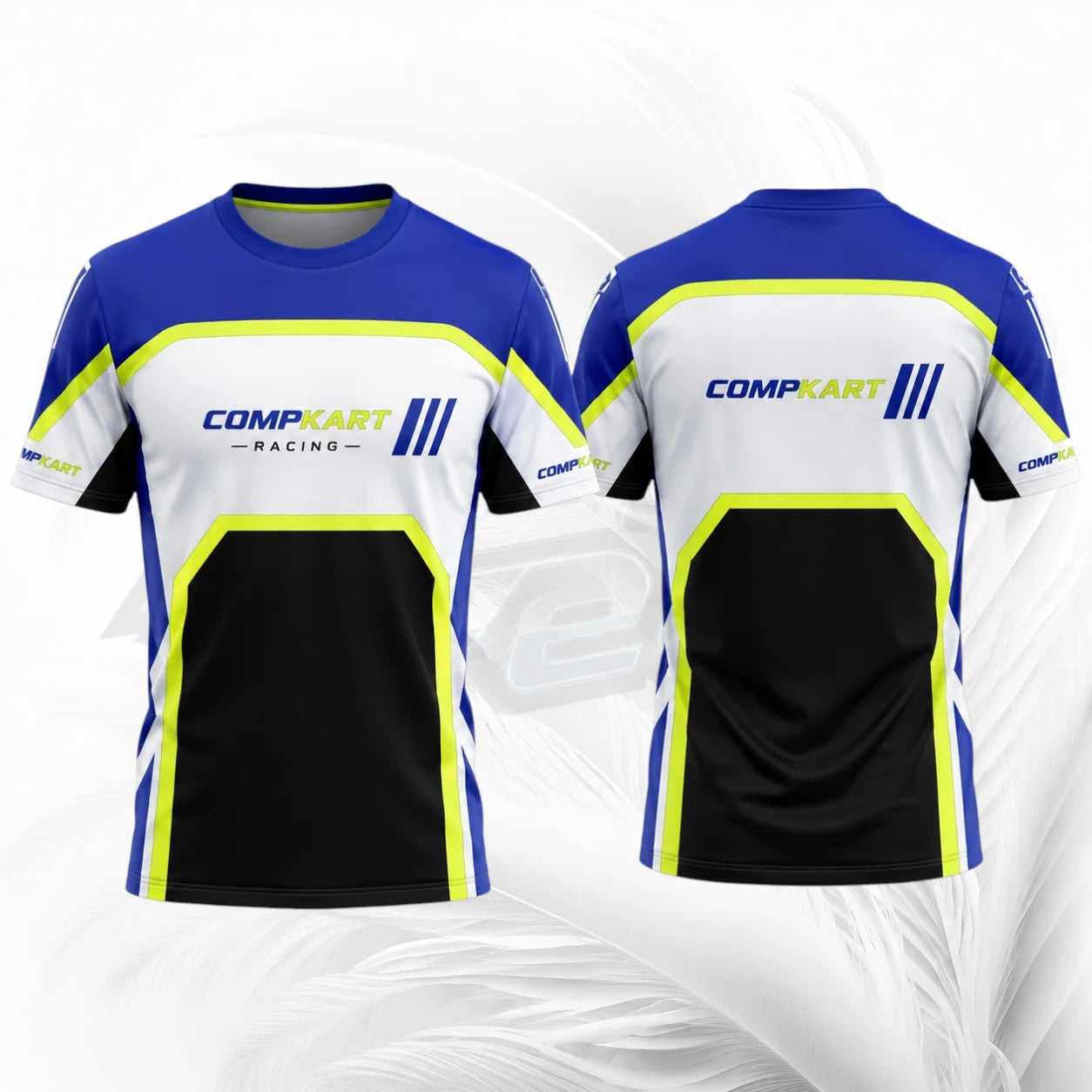 Front and back views of a short-sleeve Comp Kart Racing athletic jersey. The jersey features a color-blocked design with royal blue, white, black, and neon yellow accents.