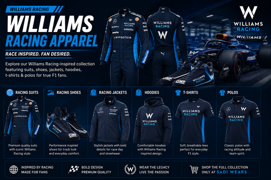 Williams Racing inspired F1 apparel including racing suit jacket hoodie shoes and polo