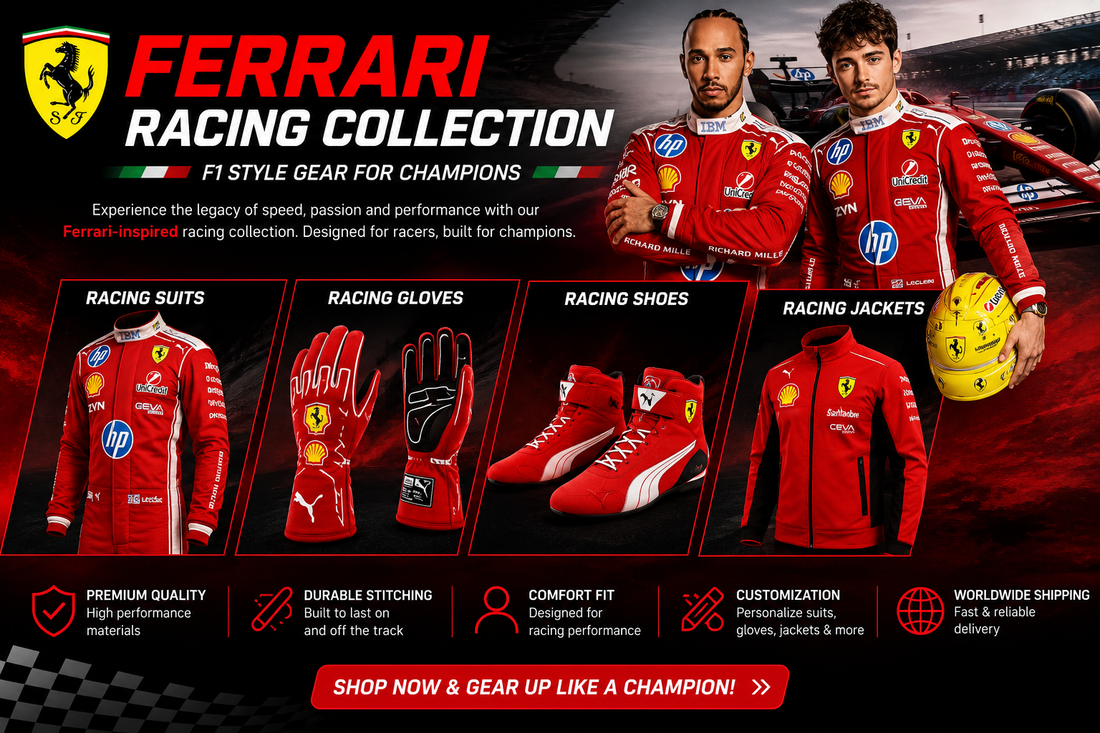 Ferrari Racing Collection featuring F1 style racing suits, gloves, shoes and jackets