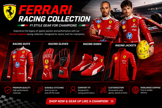 Ferrari Racing Collection featuring F1 style racing suits, gloves, shoes and jackets