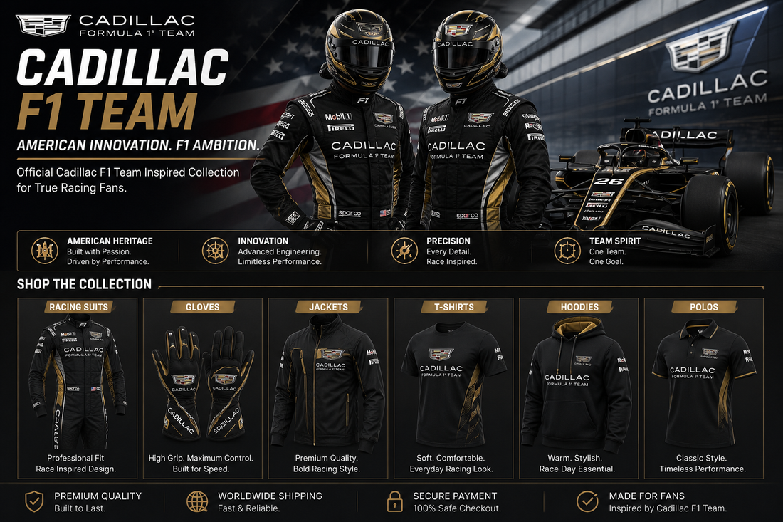 Cadillac F1 inspired racing apparel including suits gloves jackets hoodies T-shirts and polos