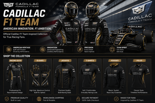 Cadillac F1 inspired racing apparel including suits gloves jackets hoodies T-shirts and polos