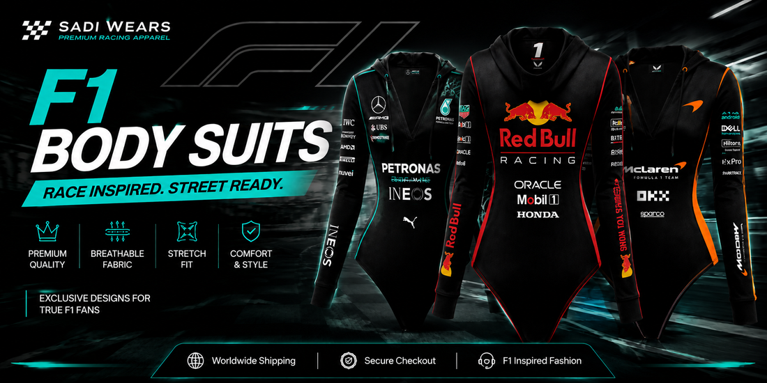 F1 inspired body suits collection featuring black racing hoodies and motorsport designs