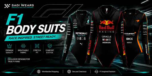 F1 inspired body suits collection featuring black racing hoodies and motorsport designs