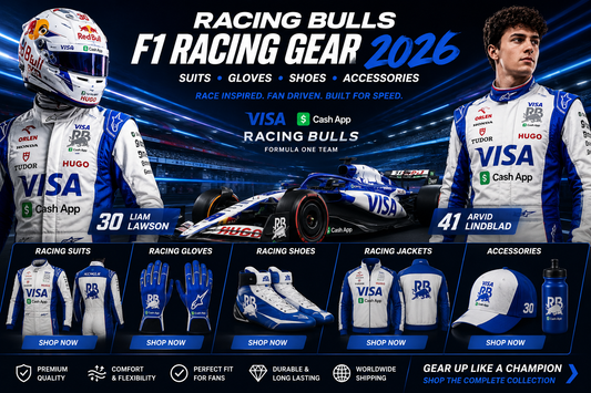 Racing Bulls F1 inspired racing gear with racing suit gloves shoes and motorsport apparel
