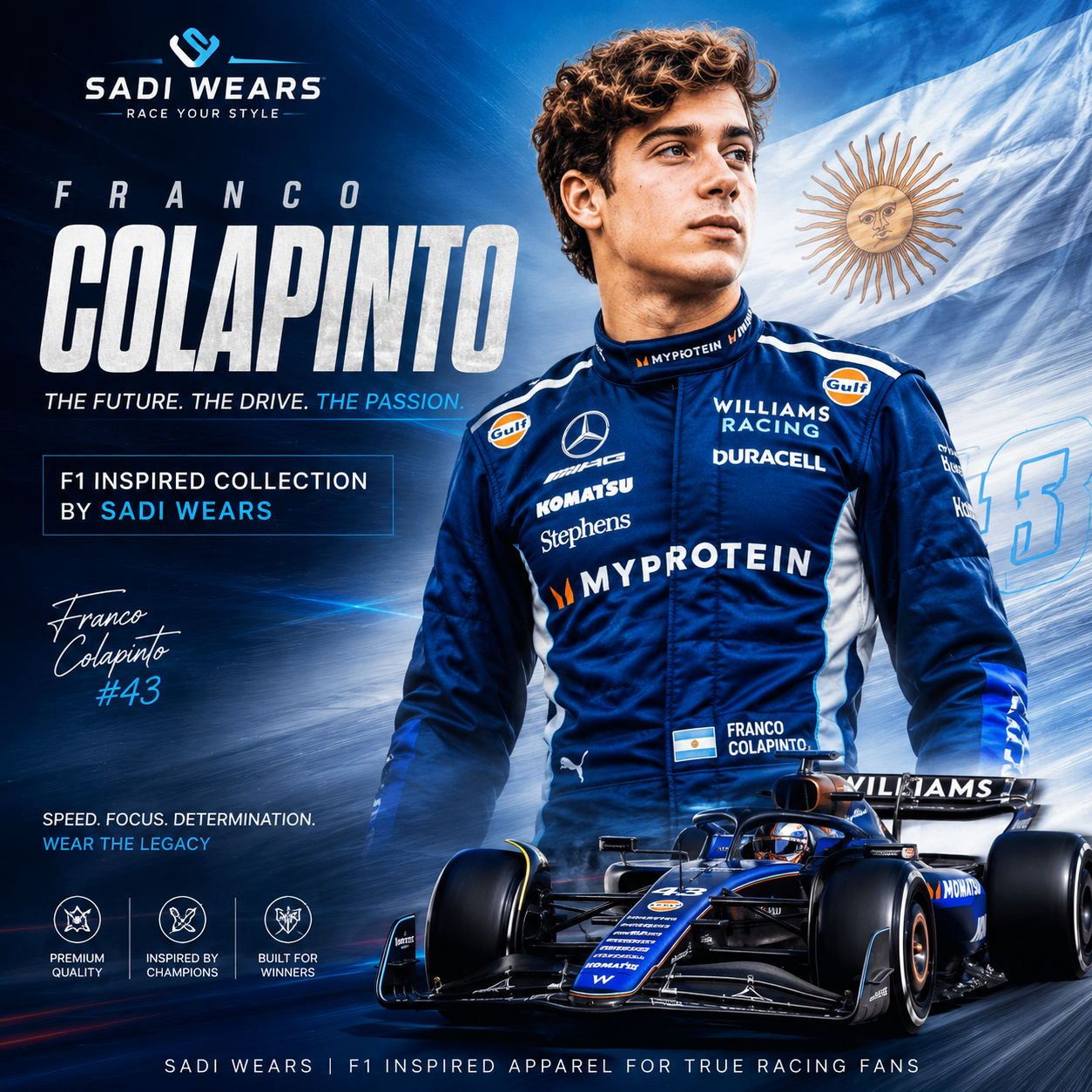 Franco Colapinto inspired F1 collection banner by Sadi Wears featuring premium racing suits, motorsport apparel, Williams-inspired racewear, and Formula 1 fan gear.