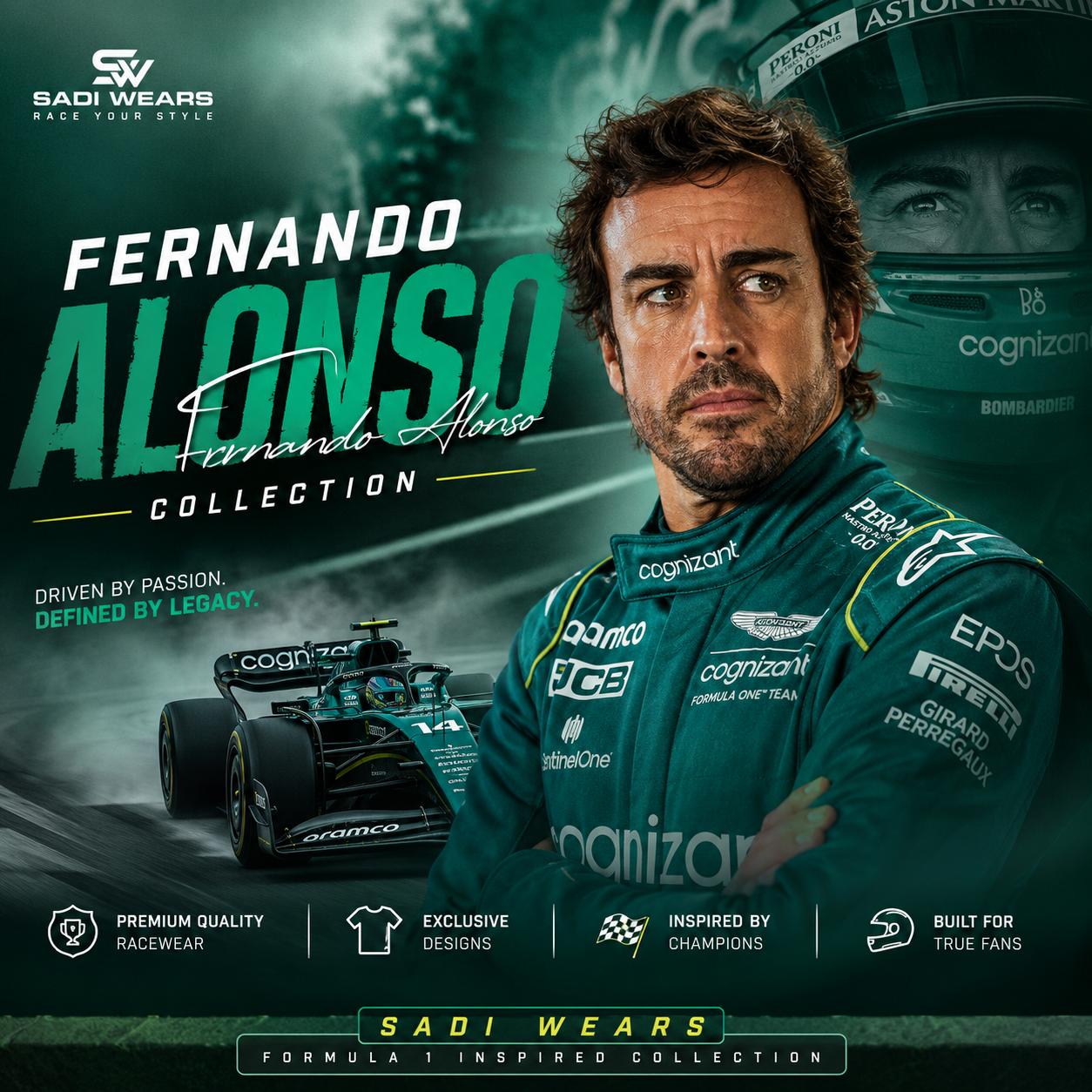 Fernando Alonso Formula 1 inspired racewear collection banner featuring premium racing suits, team jackets, motorsport apparel and F1 fan merchandise by Sadi Wears.