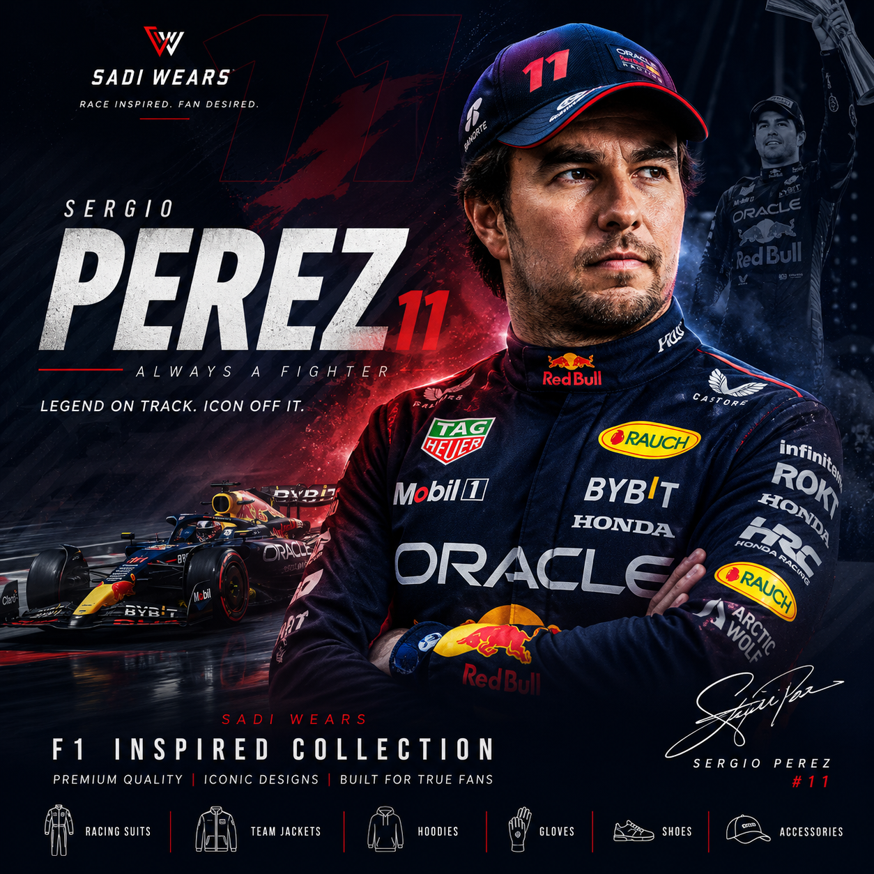 Sergio Perez F1 Inspired Collection banner featuring premium racing suits, jackets, hoodies, gloves, shoes and motorsport apparel by Sadi Wears.