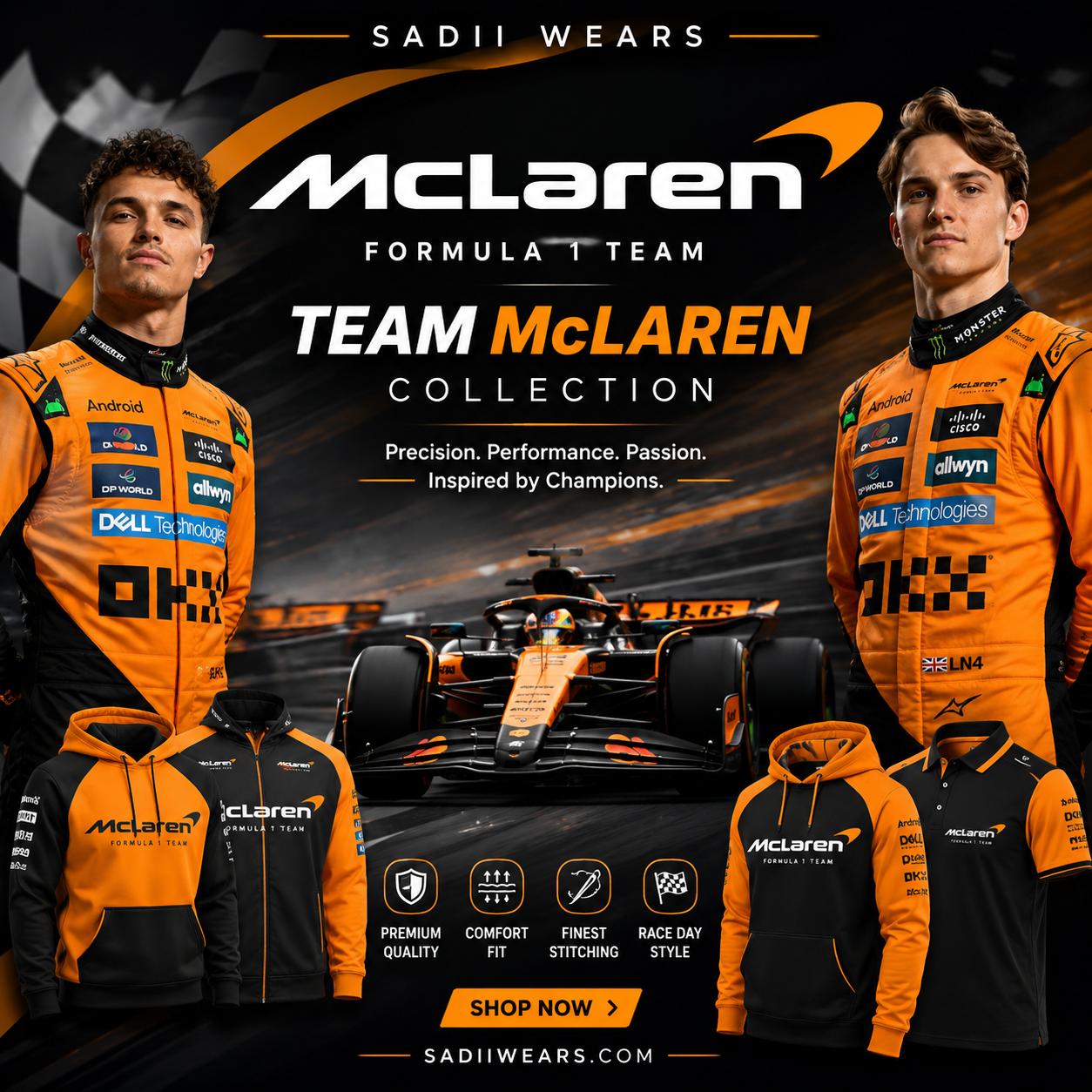 McLaren Formula 1 Collection featuring premium racing suits, jackets, hoodies and motorsport apparel by Sadi Wears