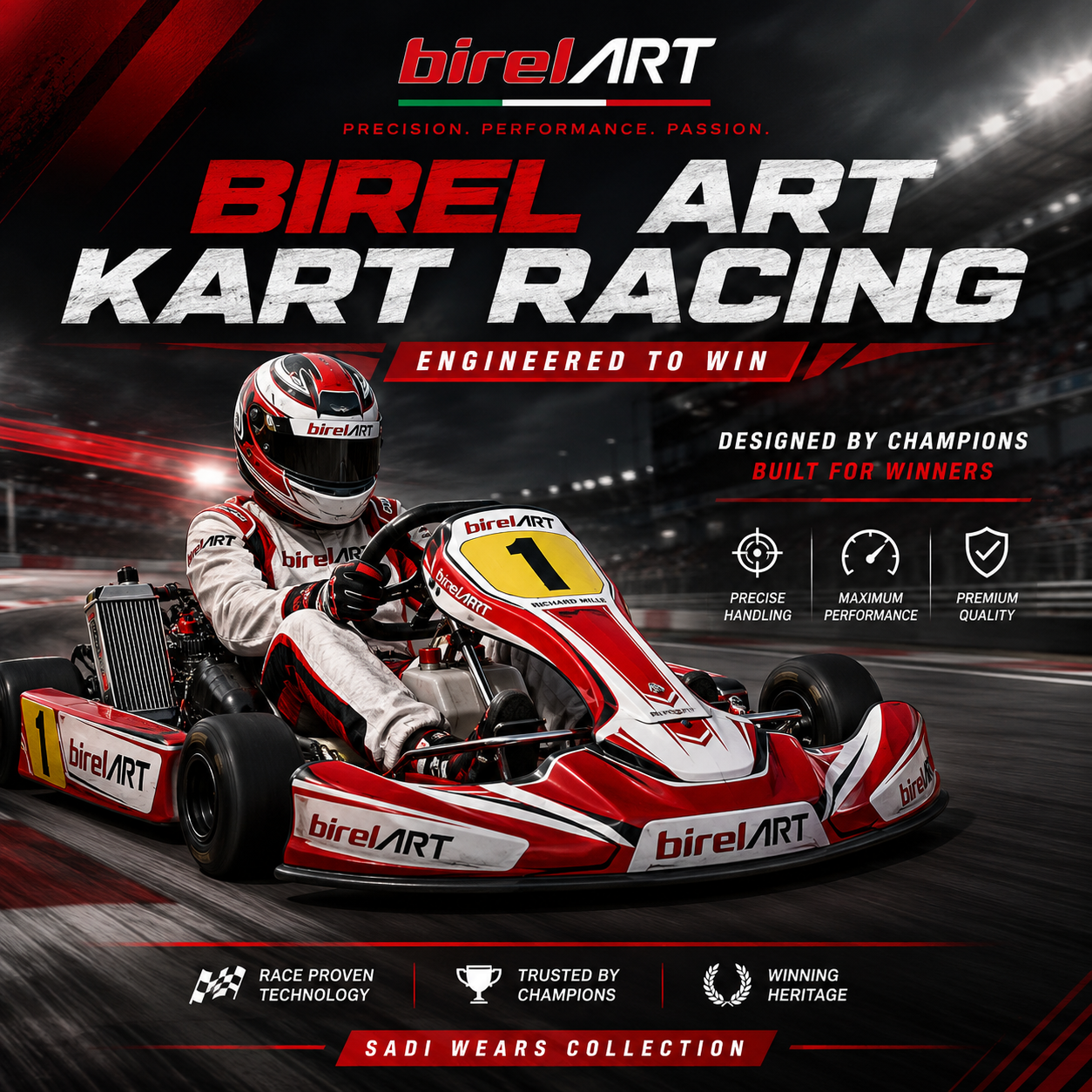 Birel ART kart racing banner featuring a professional go-kart driver on the track with Sadi Wears branding for premium kart racing apparel collection.