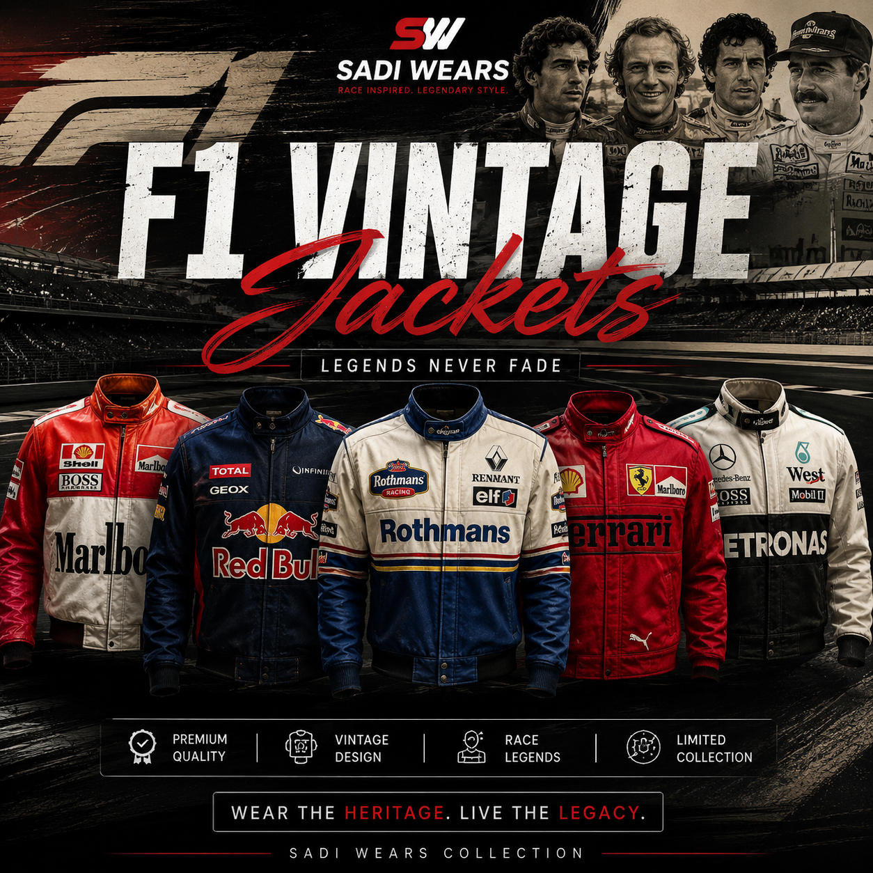 Sadi Wears F1 Vintage Jackets Collection featuring classic Formula 1 racing jackets inspired by legendary motorsport teams