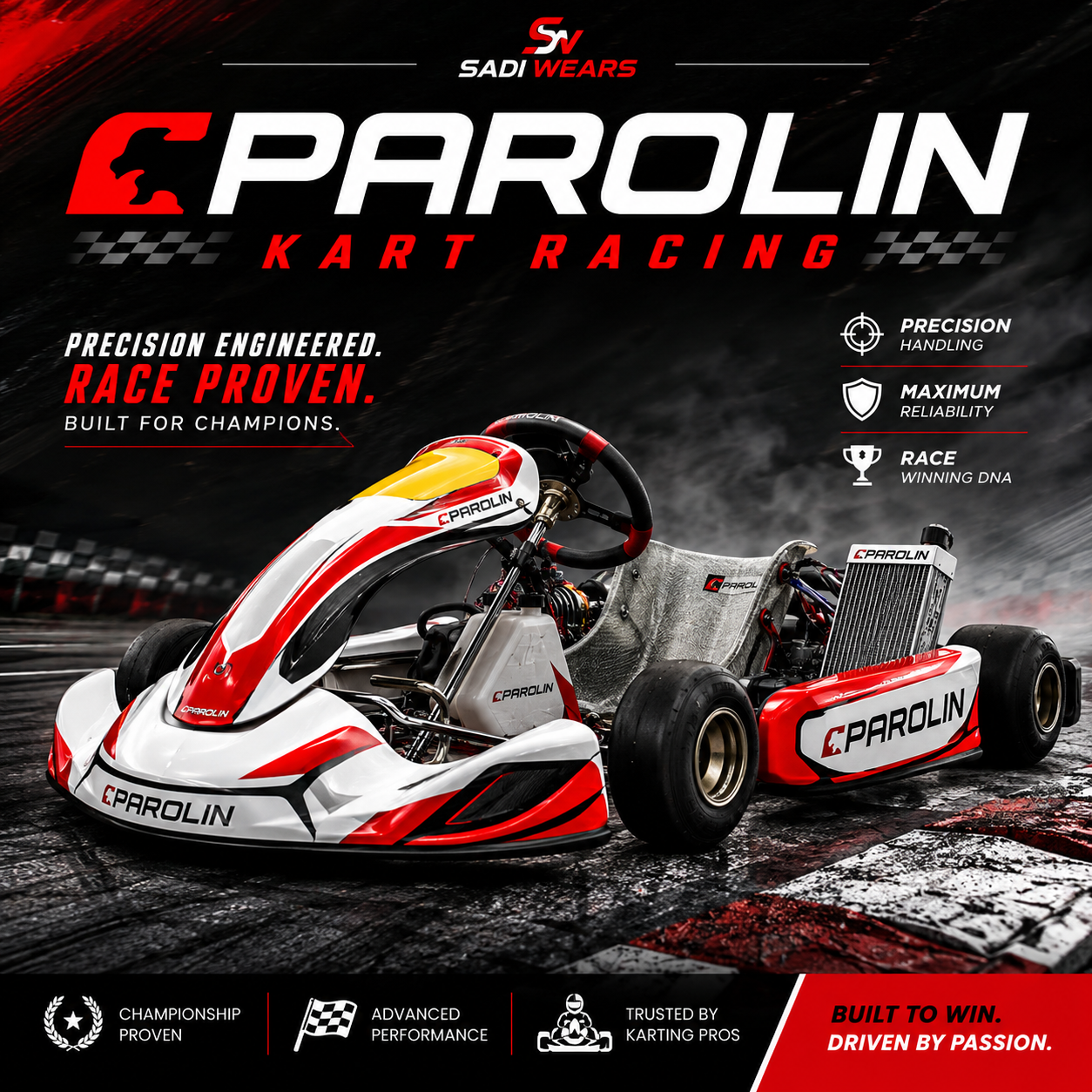 Parolin Kart Racing collection banner featuring a professional Parolin racing kart on a motorsport track with bold red, white, and black graphics for Sadi Wears.