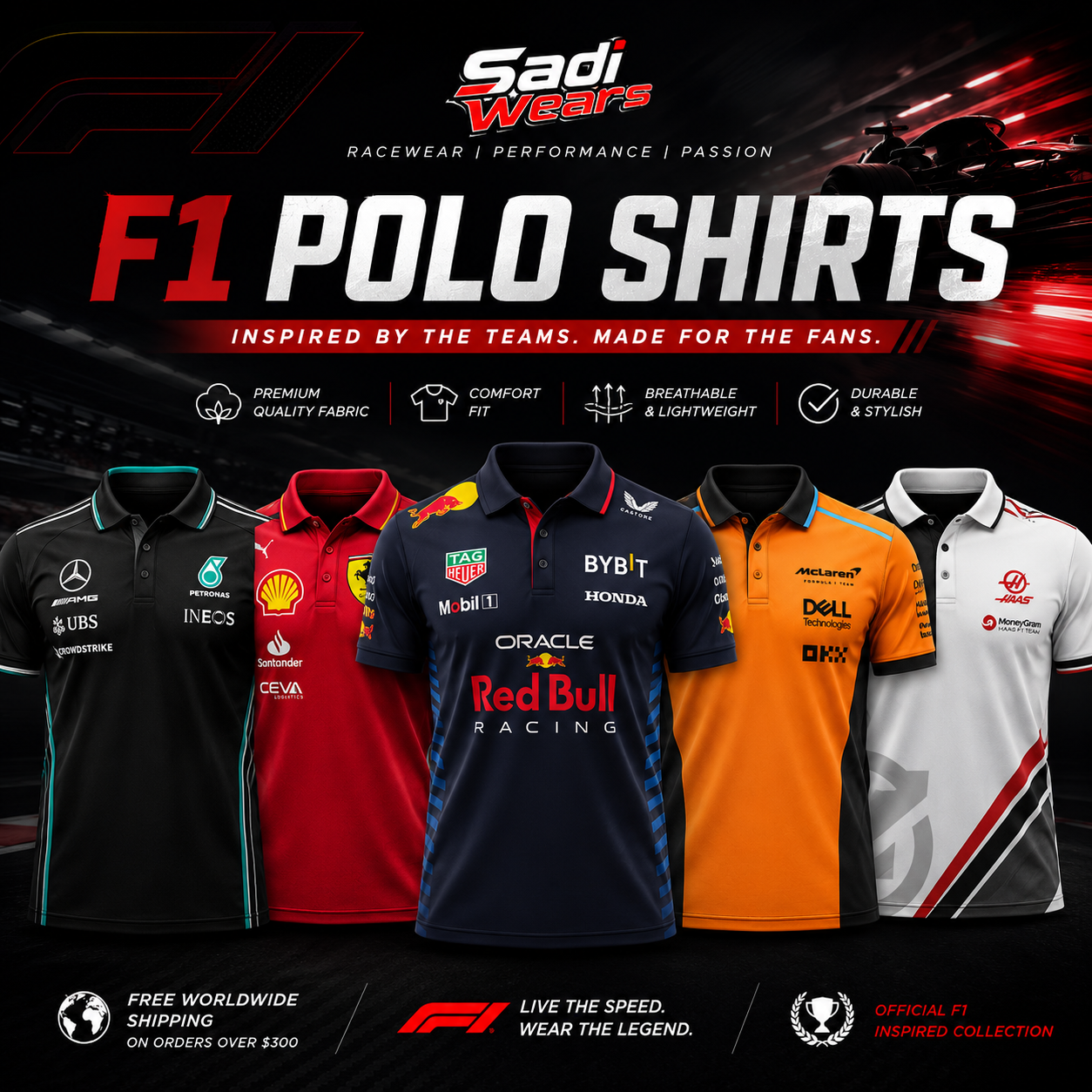 Sadi Wears F1 Polo Shirts Collection banner featuring premium Formula 1 inspired polo shirts from Ferrari, Mercedes, Red Bull Racing, McLaren and Haas motorsport teams.