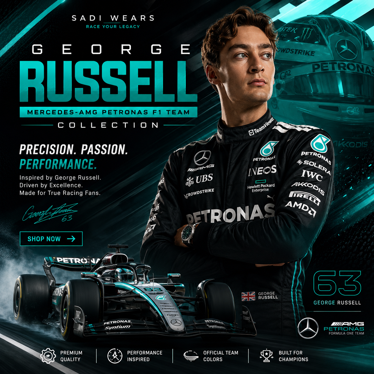 George Russell Mercedes-AMG Petronas Formula 1 inspired collection banner by Sadi Wears featuring premium replica racing suits, motorsport apparel and F1 racewear.