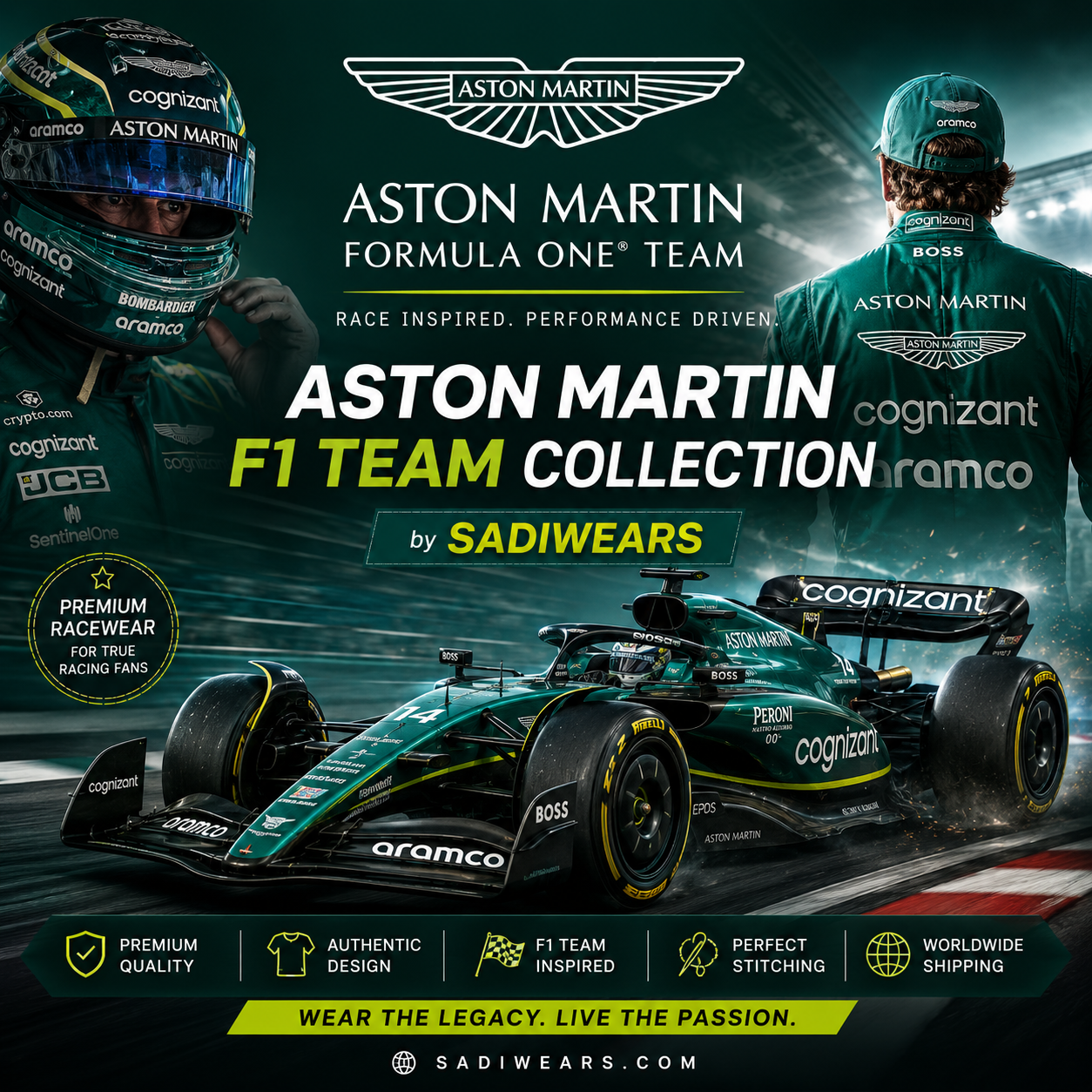 Aston Martin F1 Collection Banner featuring premium Formula 1 inspired racewear by Sadi Wears