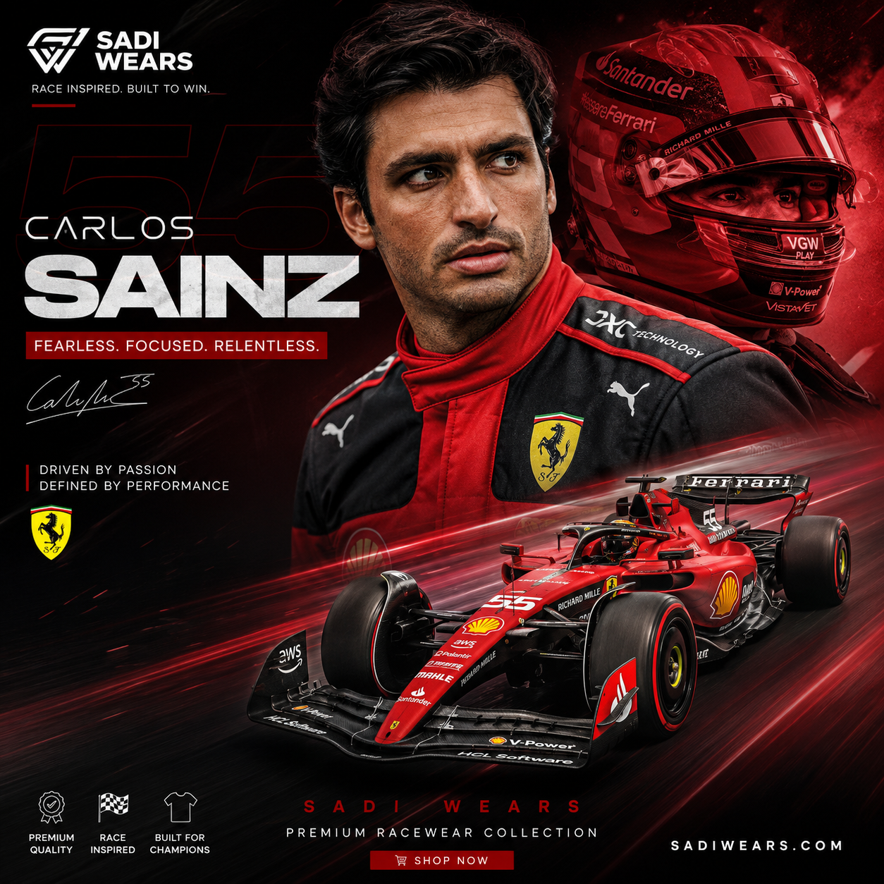 Carlos Sainz F1 replica racewear collection banner featuring premium racing suits, Ferrari-inspired motorsport apparel, and performance racing gear by Sadi Wears.