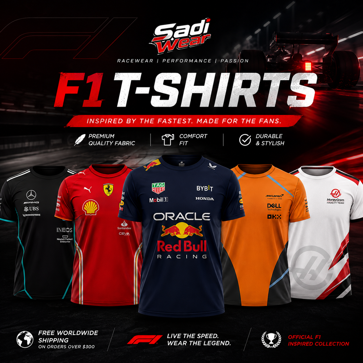 Sadi Wears F1 T-Shirts Collection banner featuring premium Formula 1 inspired t-shirts from Ferrari, Mercedes, Red Bull, McLaren and Haas racing teams.