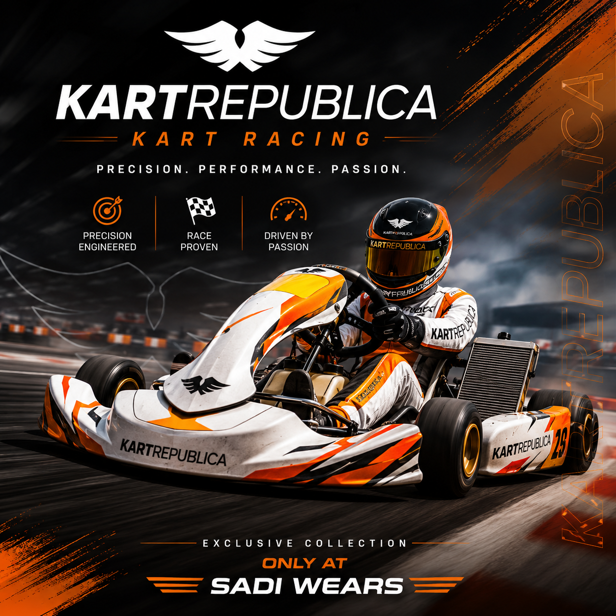 KartRepublic Kart Racing Collection Banner featuring a KartRepublic racing kart and driver in orange and white livery on a professional race track with Sadi Wears branding.