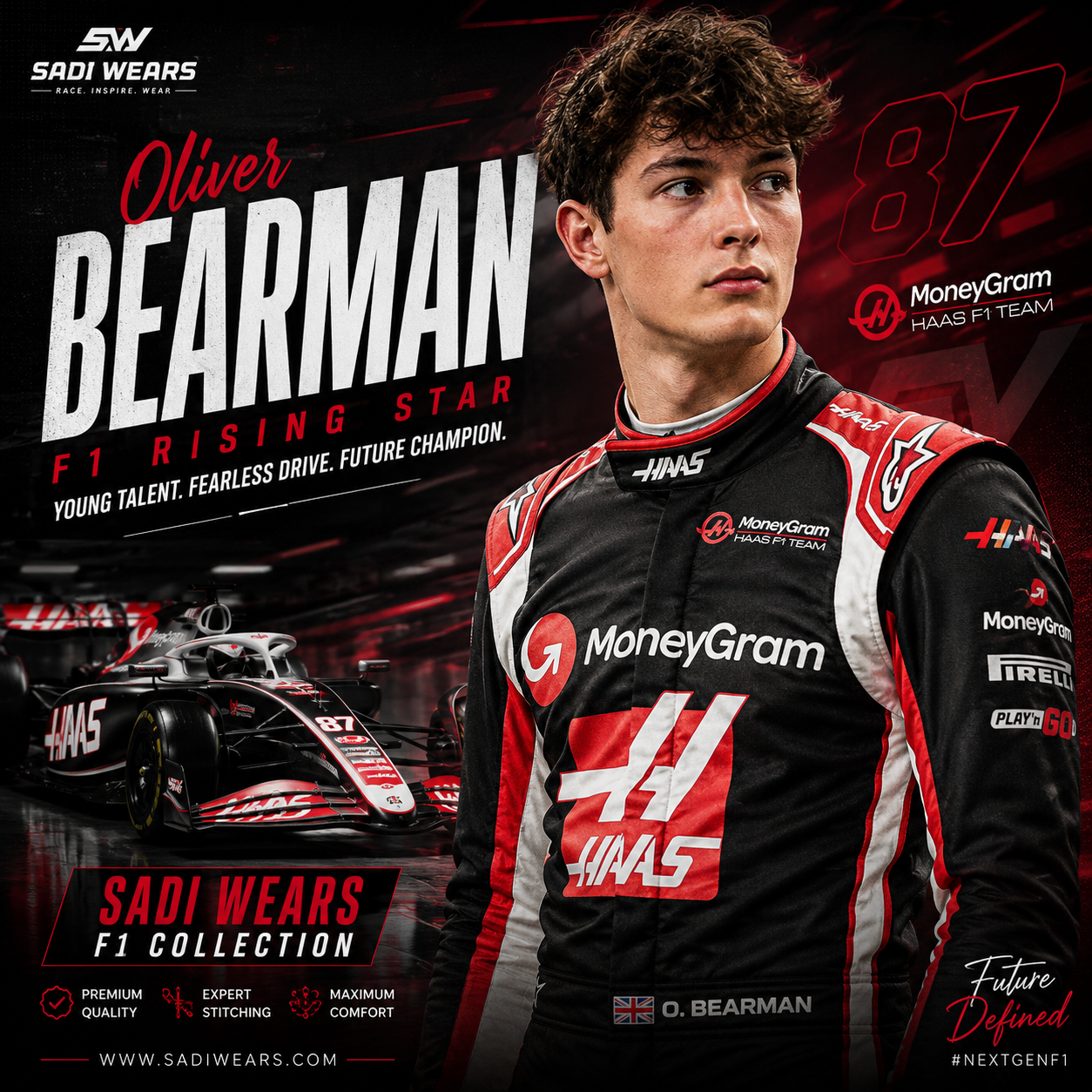 Oliver Bearman Haas F1 Team inspired collection banner featuring premium racing suits, motorsport apparel and Sadi Wears branding.