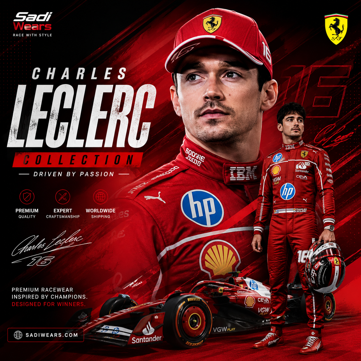 Charles Leclerc Collection banner featuring premium Formula 1 inspired racing suits, Ferrari-inspired jackets and motorsport apparel by Sadi Wears.