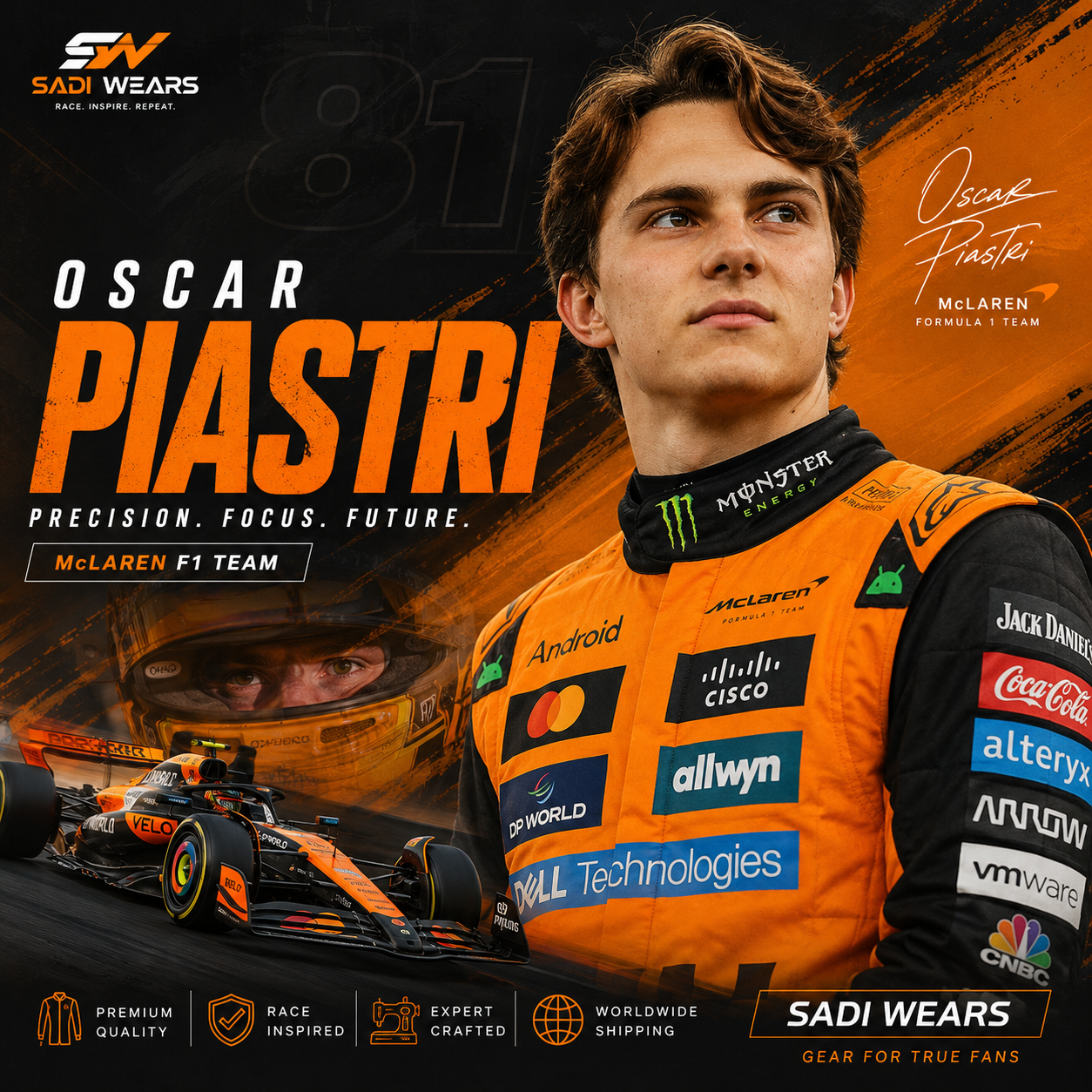 Oscar Piastri wearing McLaren Formula 1 race suit with McLaren F1 car on a premium orange and black Sadi Wears collection banner.