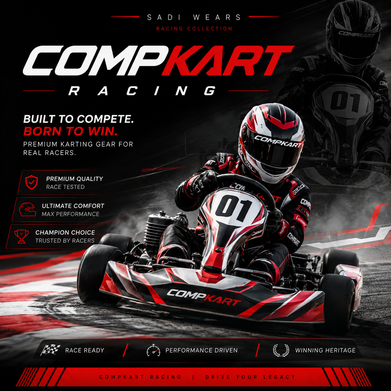 CompKart Racing Collection banner featuring a professional kart racer driving a red, black, and white CompKart go-kart in action, promoting premium karting apparel and racing gear by Sadi Wears.