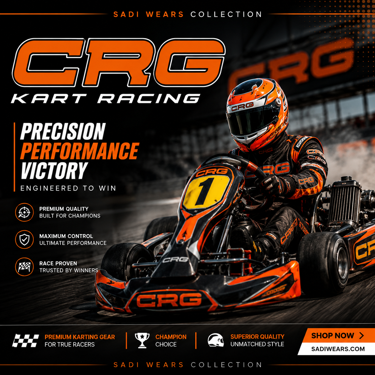 CRG Kart Racing Collection Banner featuring a professional CRG go-kart driver in orange racing gear promoting premium kart racing suits, apparel, and accessories by Sadi Wears.
