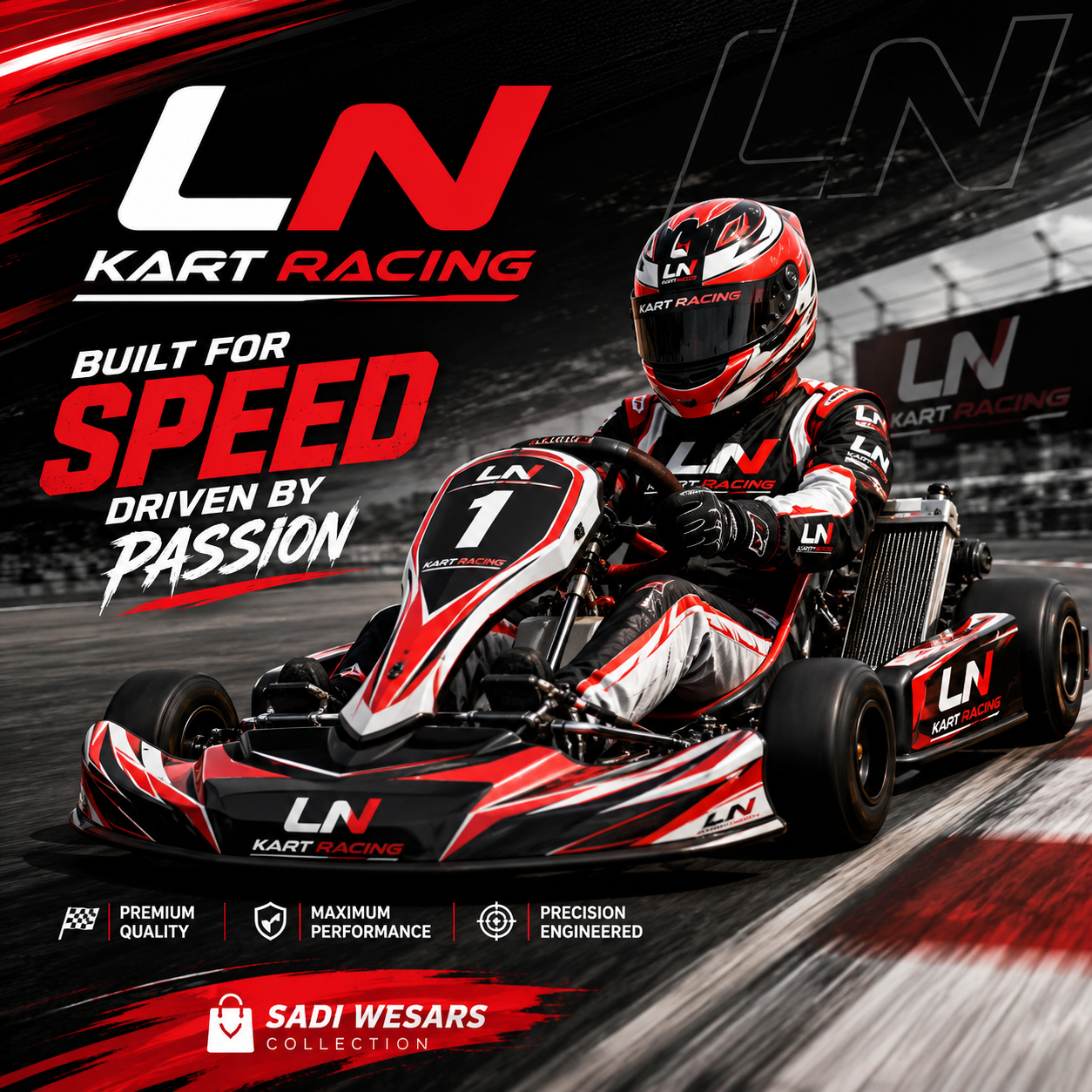 LN Kart Racing collection banner featuring a professional LN kart driver in a red, black, and white racing suit driving a high-performance go-kart on a racetrack with dynamic speed effects for Sadi Wears.