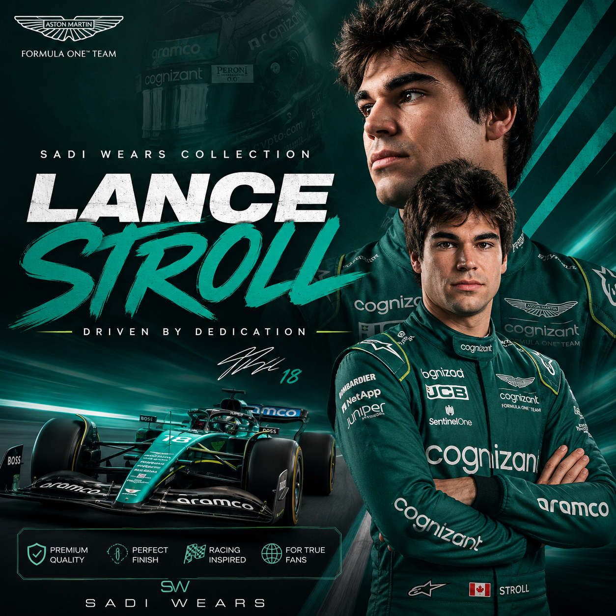 Lance Stroll F1 inspired replica racewear collection banner featuring premium Aston Martin style racing suit, Formula 1 car and Sadi Wears motorsport apparel.
