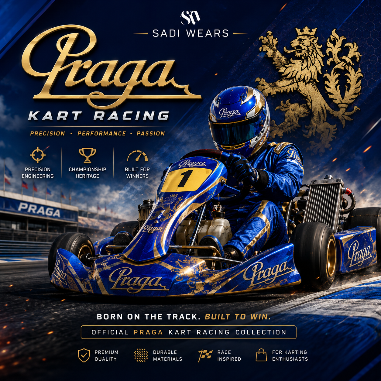 Praga Kart Racing collection banner featuring a blue and gold Praga racing kart with a professional driver on a racetrack, promoting premium kart racing apparel and motorsport-inspired clothing by Sadi Wears.