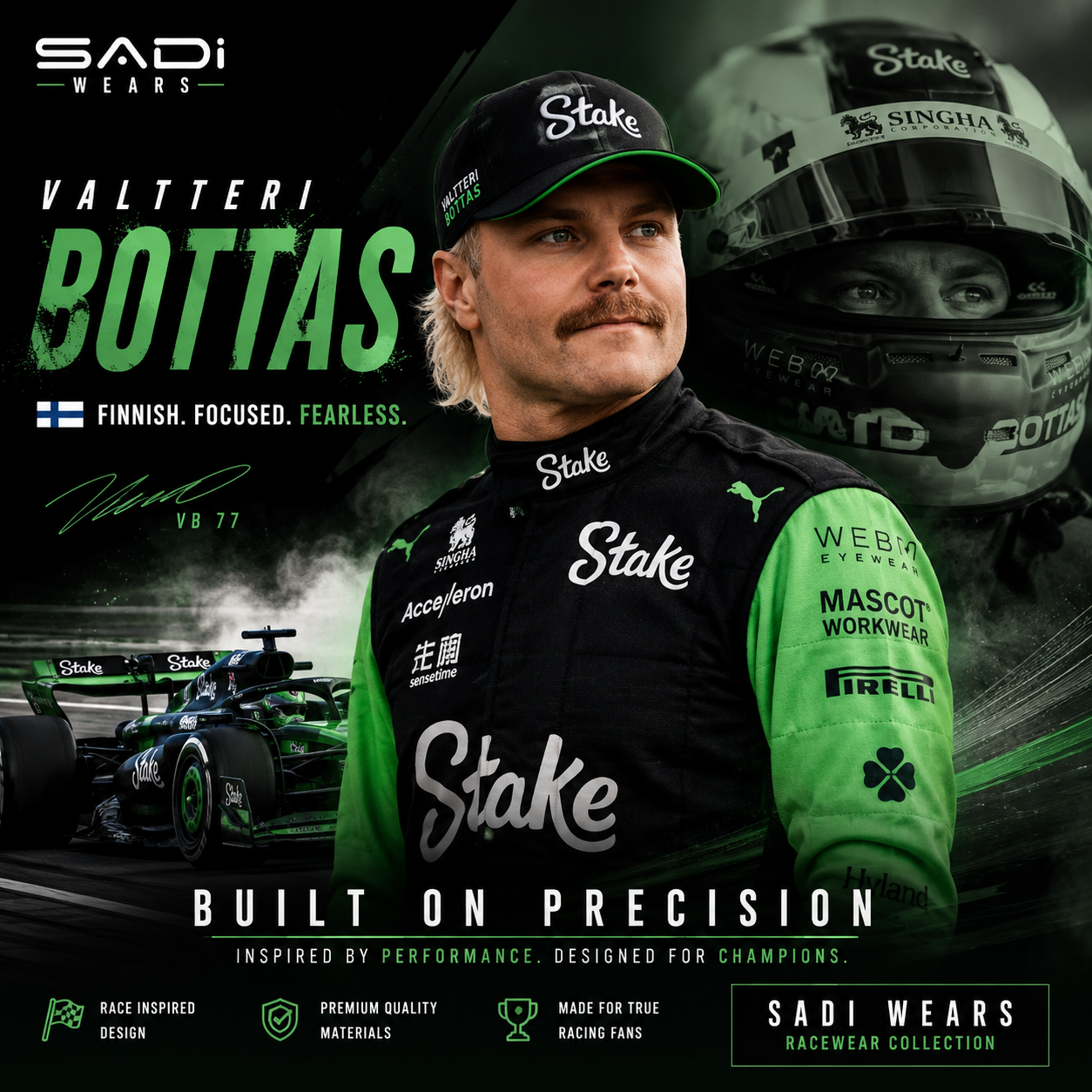 Valtteri Bottas F1-inspired racing apparel banner featuring premium motorsport racewear collection by Sadi Wears