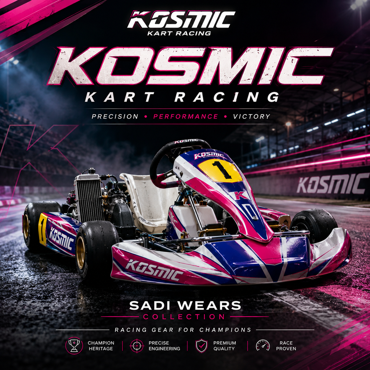 Kosmic Kart Racing collection banner featuring a high-performance Kosmic racing kart on a professional racetrack with Sadi Wears branding for premium kart racing apparel and motorsport gear.