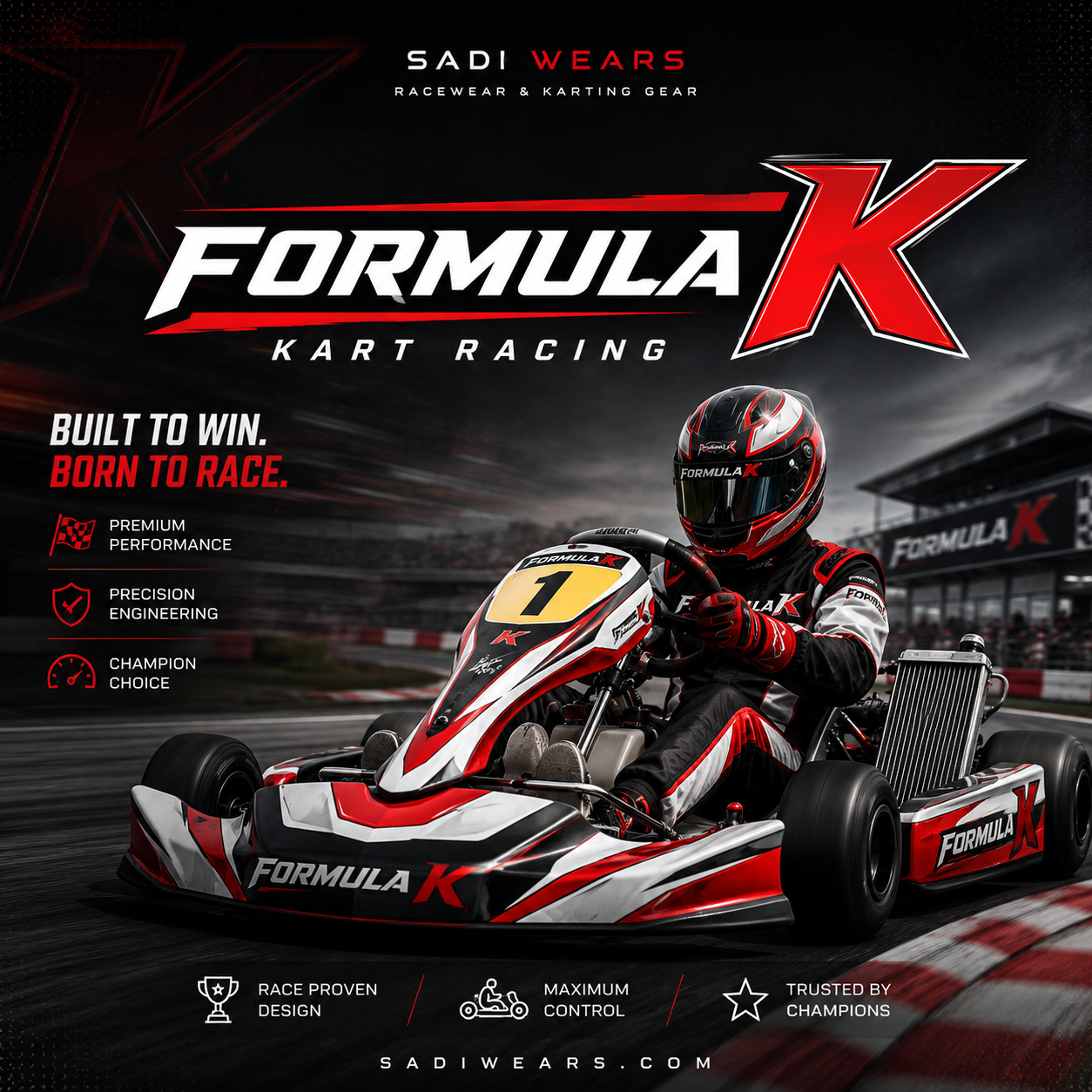 Formula K kart racing collection banner featuring a professional Formula K go-kart on the race track in red, black, and white colors with Sadi Wears branding for premium kart racing apparel.