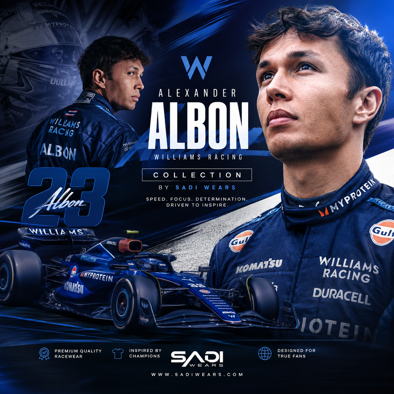 Alexander Albon Williams Racing Collection banner featuring premium Formula 1 inspired racewear, replica racing suits, jackets and motorsport apparel by Sadi Wears.