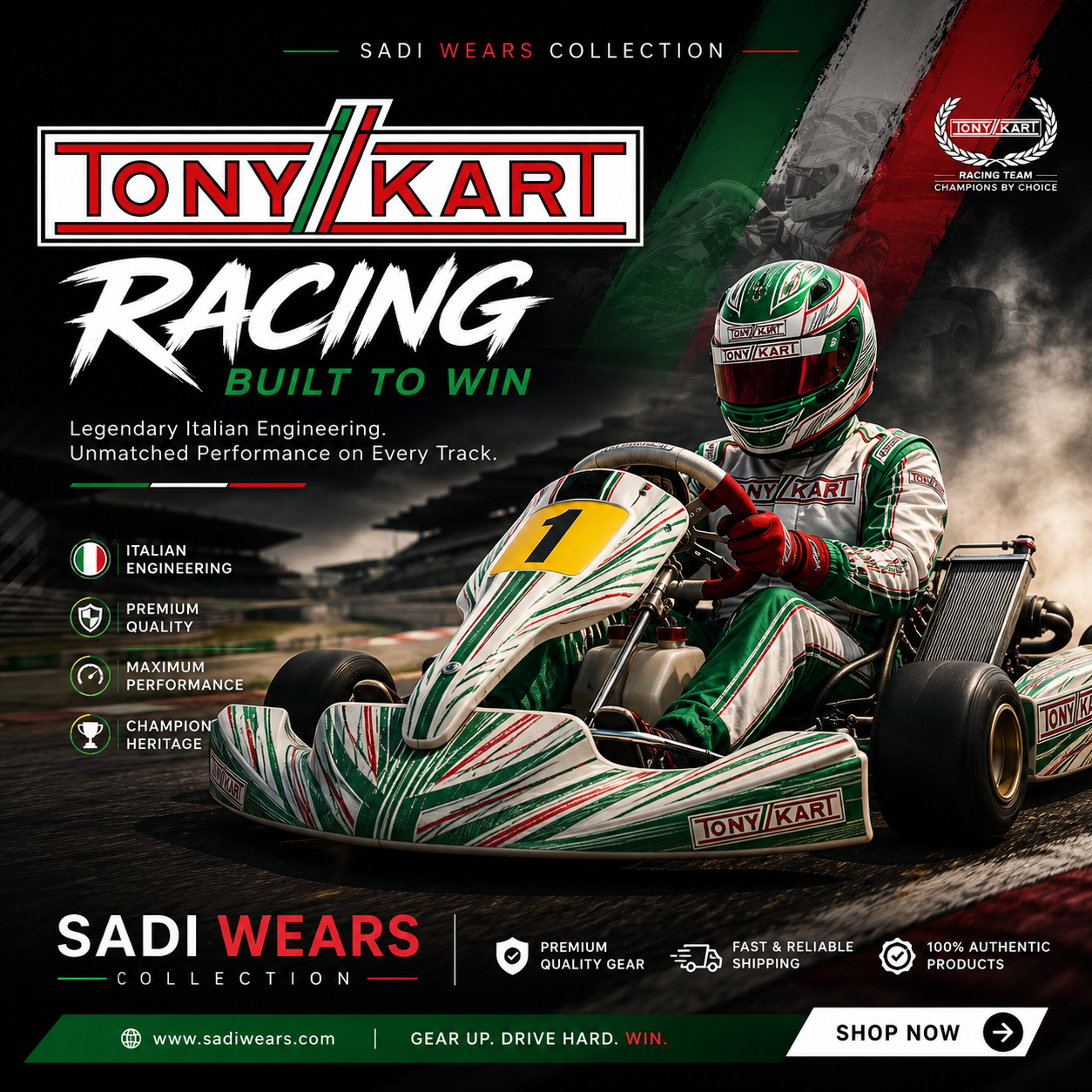 Tony Kart Racing Collection banner featuring a green, white, and red Tony Kart go-kart with a professional racing driver on the track, promoting premium kart racing apparel and motorsport-inspired gear by Sadi Wears.