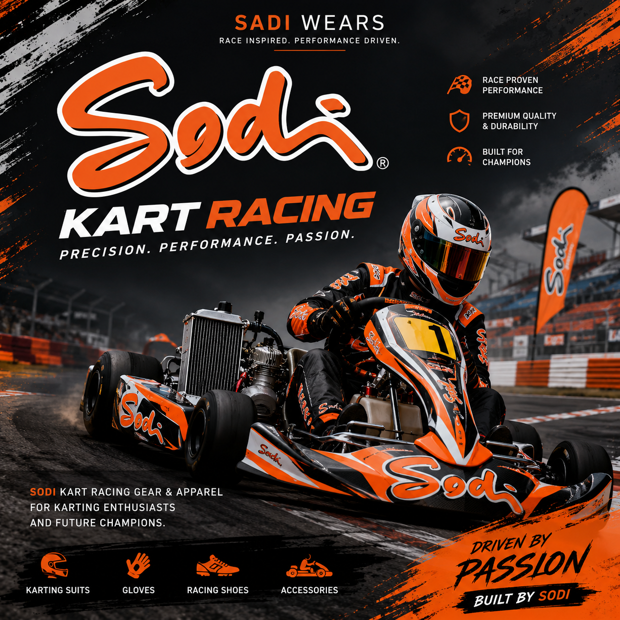 Sodi Kart Racing collection banner featuring a professional Sodi racing kart and driver in action with premium kart racing apparel by Sadi Wears.