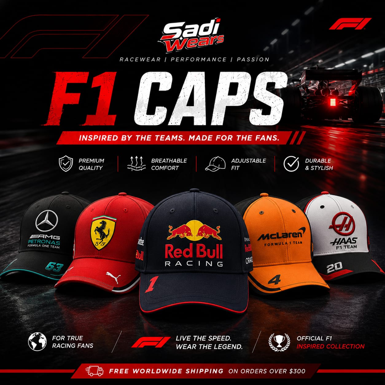 Premium F1-inspired racing caps collection by Sadi Wears featuring Mercedes, Ferrari, Red Bull Racing, McLaren, and Haas style caps for Formula 1 fans.