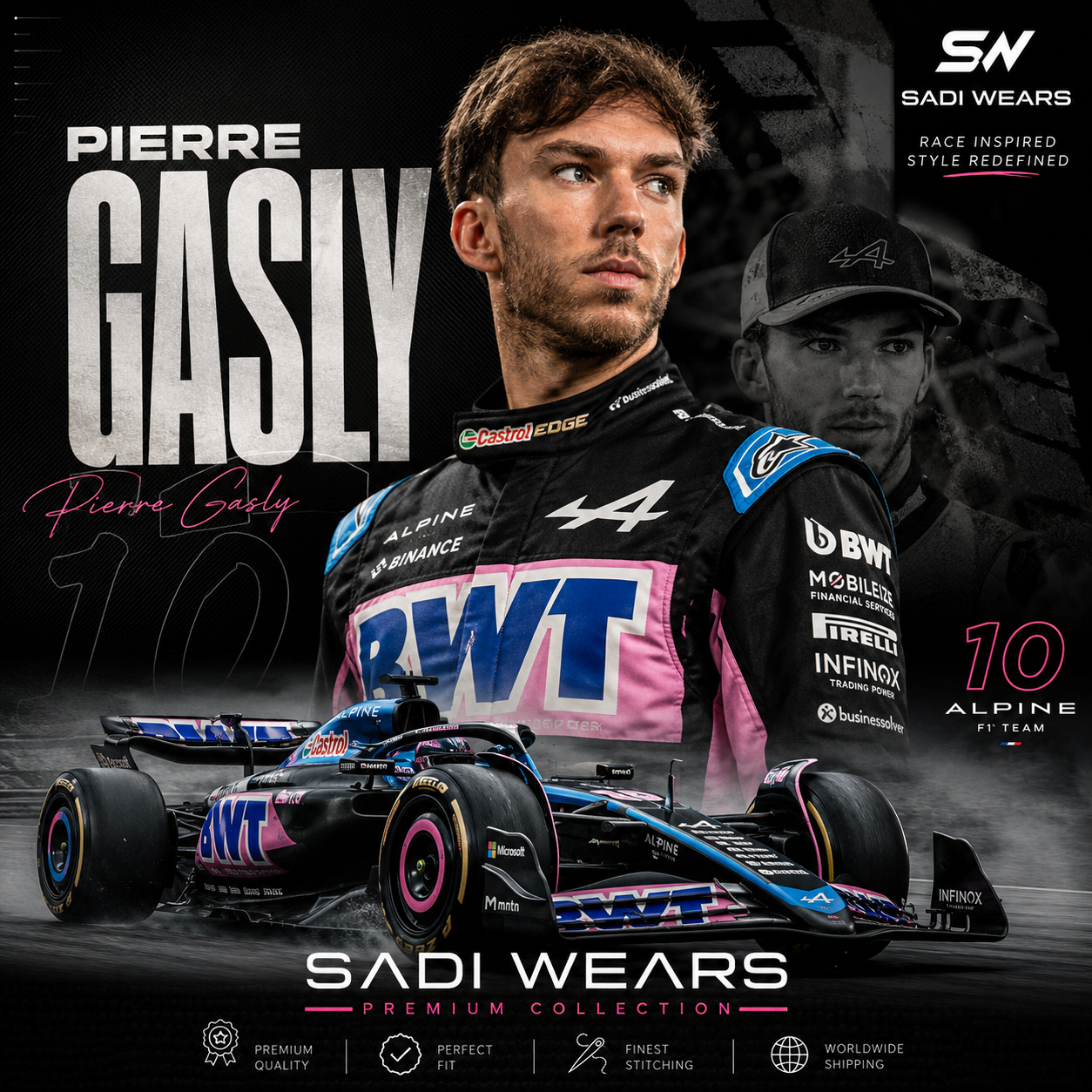 Pierre Gasly Alpine F1 inspired racing suit collection banner by Sadi Wears featuring premium motorsport replica racewear with Formula 1 inspired design.