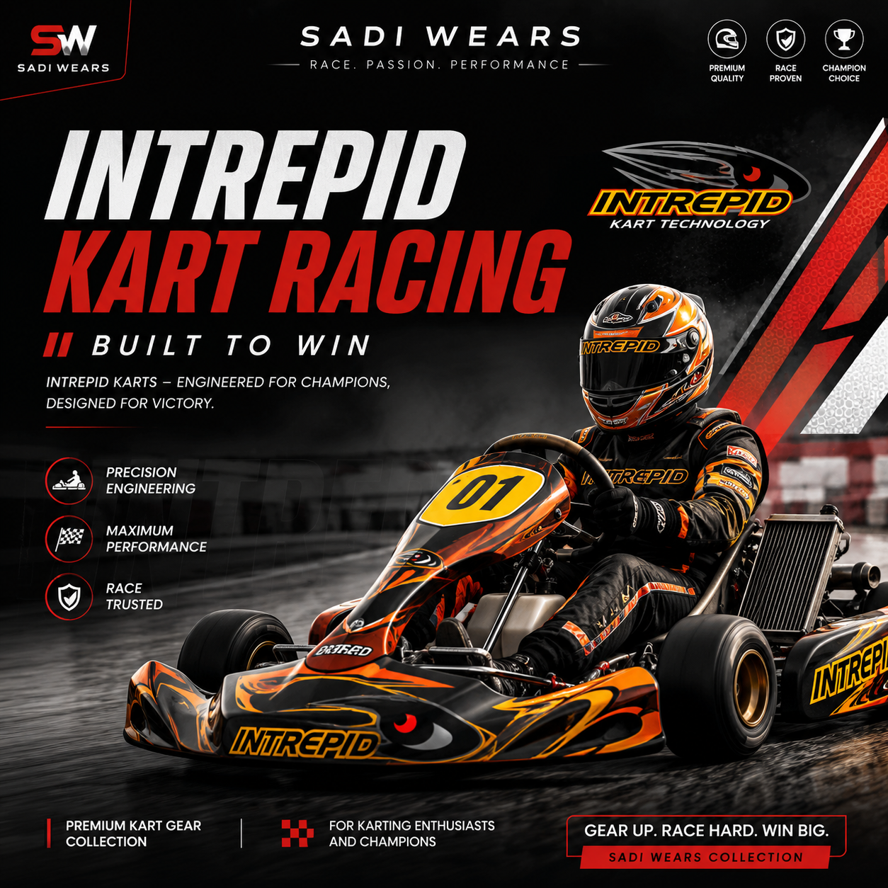 Intrepid Kart Racing banner featuring a professional Intrepid go-kart racer in premium racing gear with Sadi Wears branding, showcasing high-performance kart racing apparel and motorsport-inspired clothing.