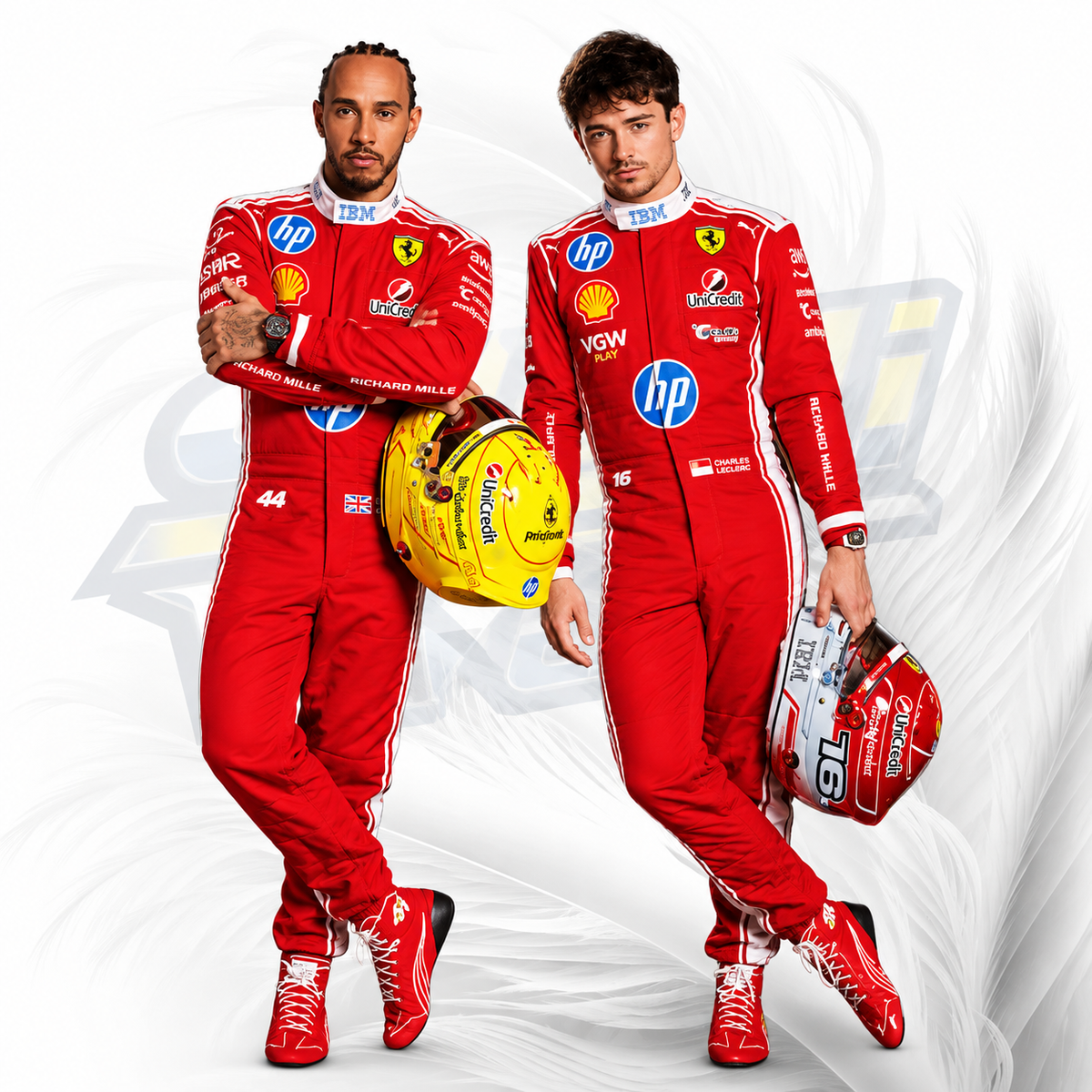 Two male race drivers in matching red Ferrari racing suits pose against a white background with Ferrari branding. One holds a yellow helmet and the other holds a red helmet, both wearing red racing shoes.
