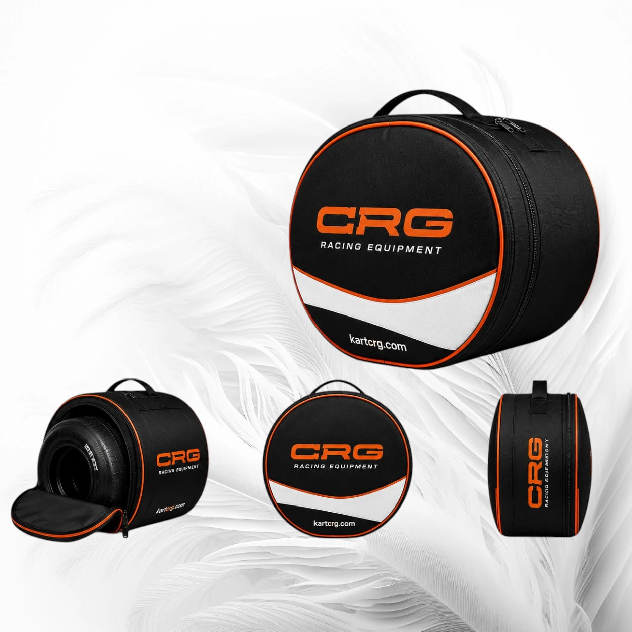A black circular racing equipment bag shown from multiple angles on a white abstract background. The bag has orange and white branding with the text 'CRG RACING EQUIPMENT' and 'kartorg.