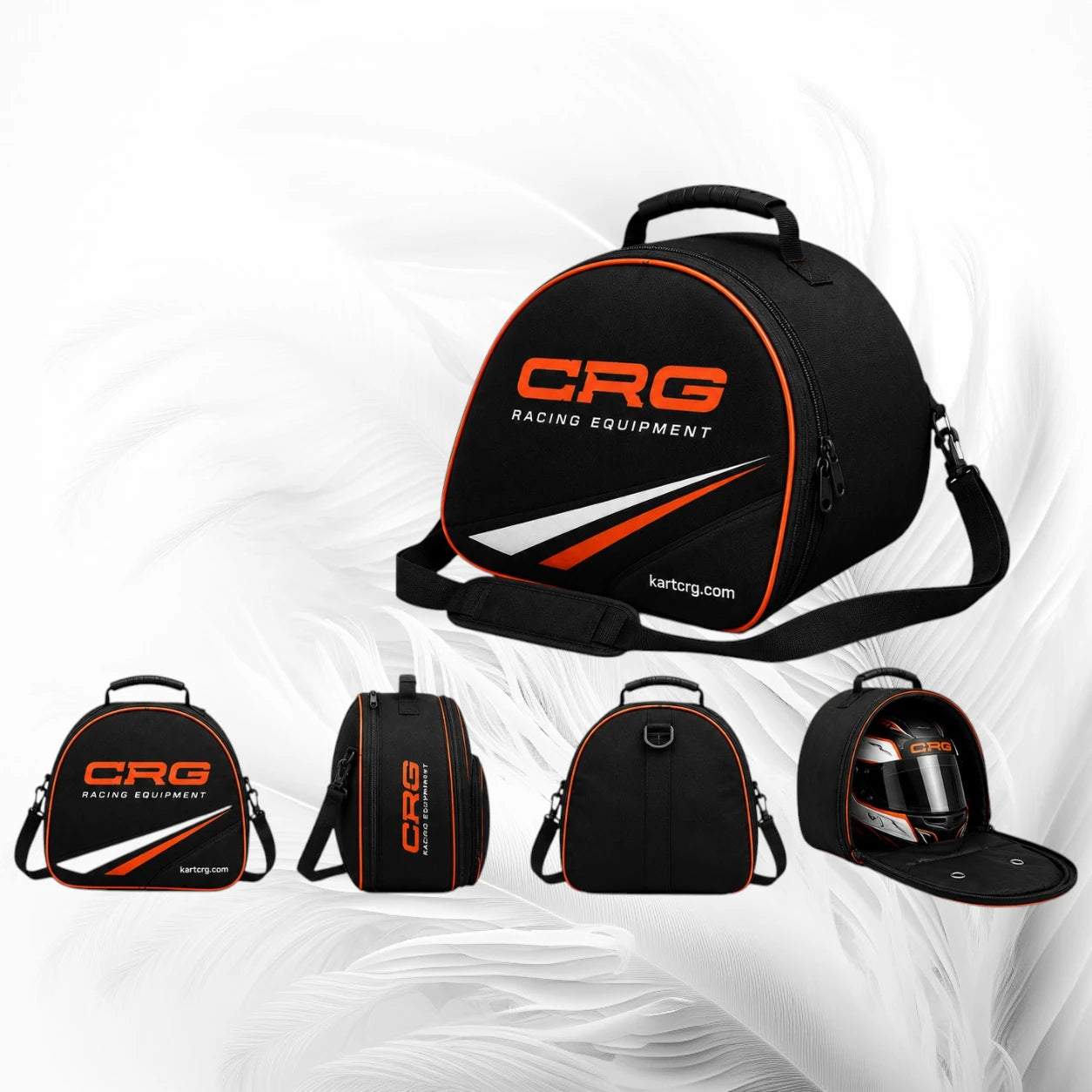 Black racing team bag with orange and white accents, featuring the CRG Racing Equipment logo. The main bag is shown in the center, with four smaller views along the bottom showing different angles and an open view with a helmet inside, all on a white abstract background.