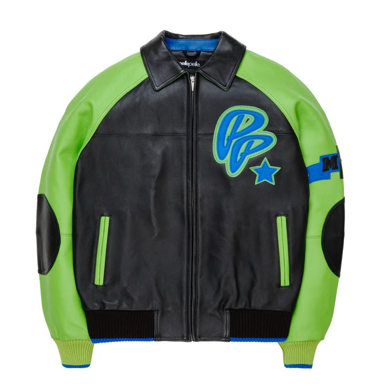 Front view of a model wearing a black and lime green Soda Club jacket with a blue PP emblem and contrasting sleeves