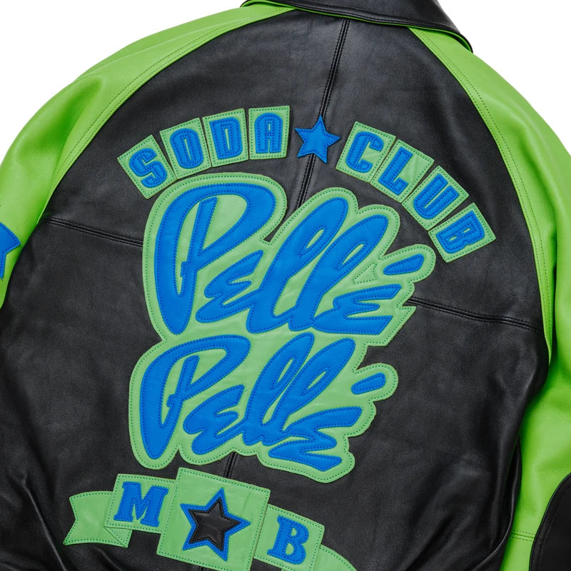  Close-up of the Pelle Pelle Classic Soda Club jacket back graphic featuring blue and lime green lettering on a black panel