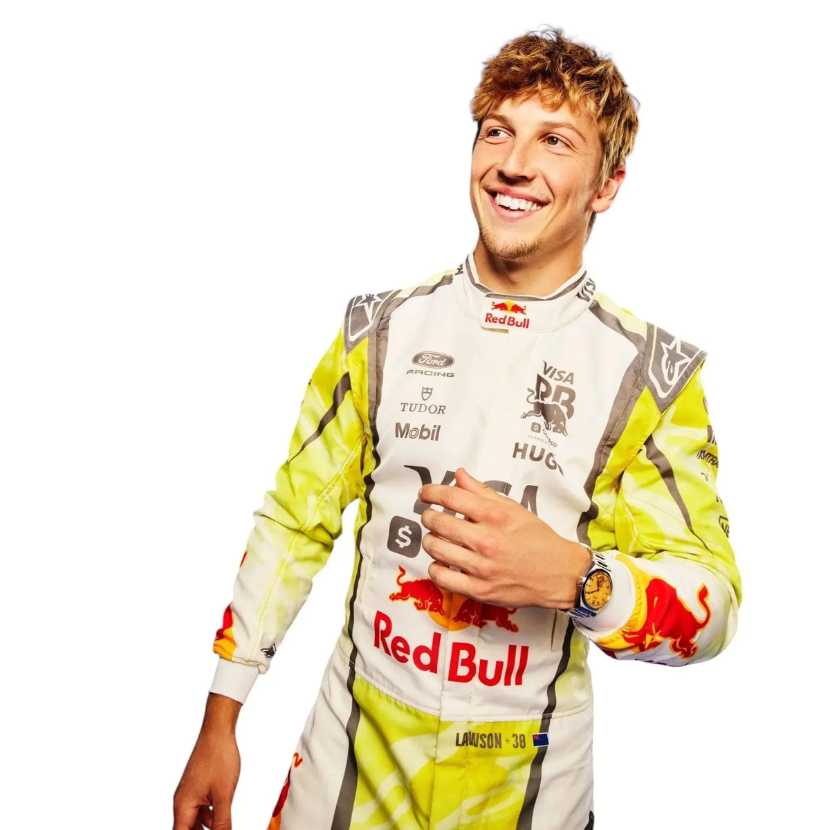 Liam Lawson inspired 2026 Miami GP racing suit in white and neon yellow with red racing graphics