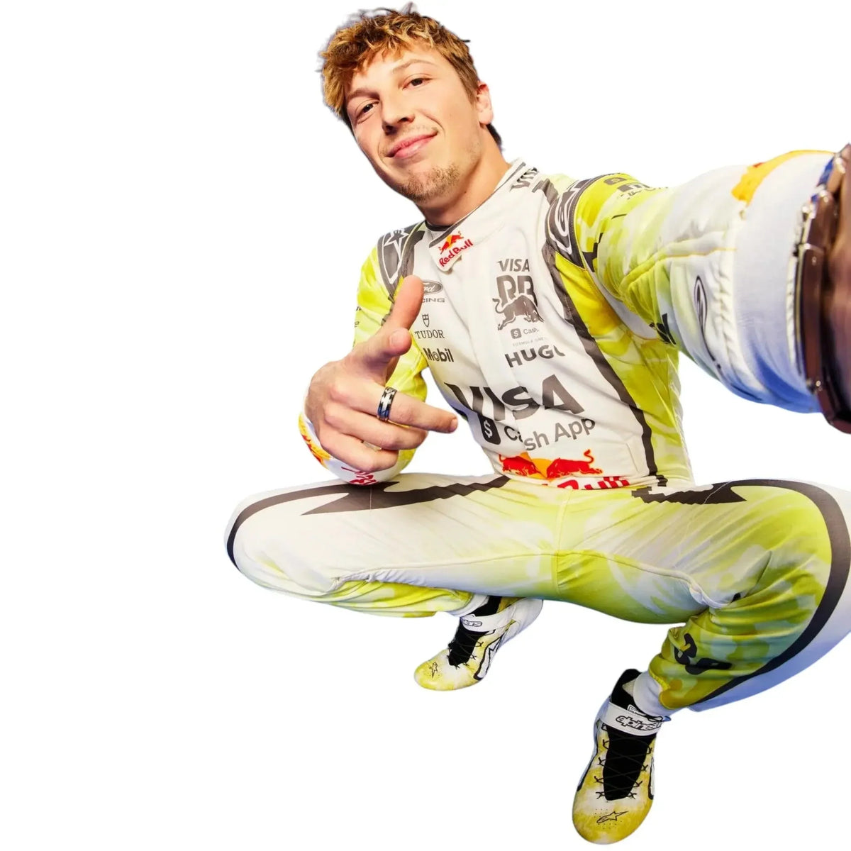  White and neon yellow F1 racing suit featuring Red Bull inspired graphics and contrasting panels
