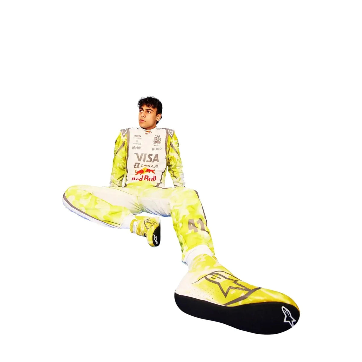 Close-up of 2026 Miami GP inspired racing suit with sponsor-style graphics and bright yellow sleeves